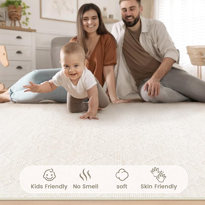 6x9 Area Rug Living Room: Washable Boho Geometric Moroccan Rug Neutral Modern Farmhouse Indoor Soft Non Slip Ultra Thin Printed Pattern Carpet for Dining Room Bedroom Nursery Home (Beige, 6'x9')
