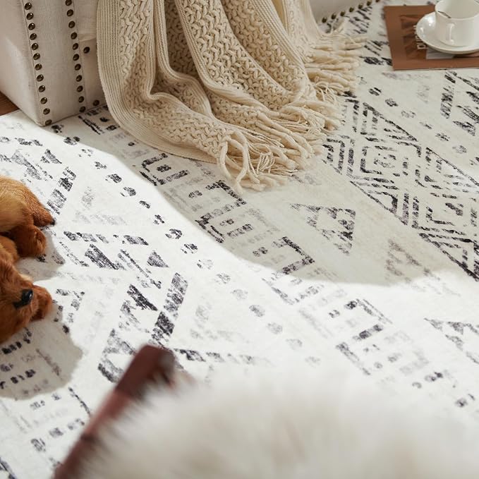 jinchan Boho 5x7 Neutral Area Rugs for Bedroom - Machine Washable Moroccan Soft Throw Rug Bohemian Diamond Design Non-Slip Carpet for Living Room Kitchen Dining Room Nursery (5‘x7', Charcoal)