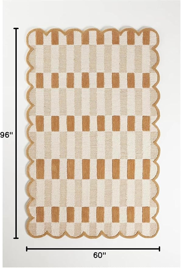 Hand-Tufted Wool Rug with Scalloped Edges, Light Blue Plaid Pattern, Cozy Soft Area Rug for Living Room, Bedroom, and Nursery, Handmade Modern Accent Rug (Neutral, 9X14 FEET)
