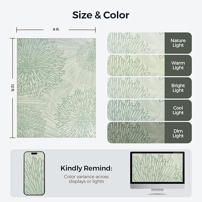 WITSHOCK 9x12 Washable Rug for Living Room,Modern Floral Distress Print Pattern Area Rugs,Stain Resistant with Non Slip Backing Carpet for Dining Room,Bedroom & Home Decor,Green/Light Green