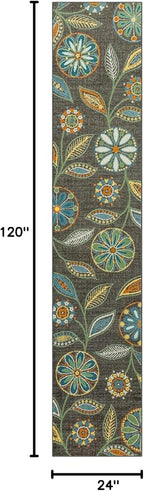 Maples Rugs Reggie Floral Runner Rug - Made in USA - Washable, Non Slip Indoor Carpet for Kitchen, Hallway, and Laundry Room, 2' x 10', Dark Grey