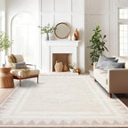 Geometric Bordered Machine Washable 9x12 Low Pile Area Rugs for Living Room Large Non Slip Soft Indoor Carpet Foldable Stain Resistant Non-Shedding Beroom Dining Room Rugs, Beige