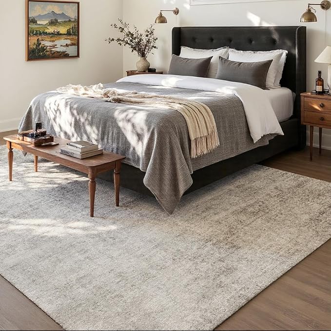 Area Rug 5x7 Washable Rug Beige for Living Room, Dining Room, Bedroom, Large Carpets, Non Slip & Non-Shedding Low Pile Vintage Print Rug for Home Office Decor