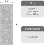 Bavni Washable Runner Rug 2’6”x8’, Non Slip Vintage Hallway Runner, Ultra Thin Low Pile Washable Carpet for Kitchen Entryway Bedroom, Grey