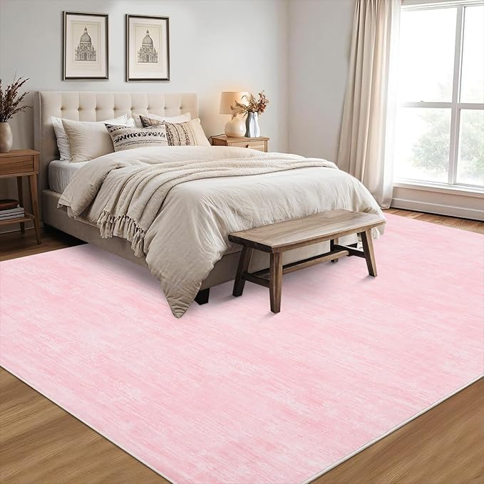 RUGSREAL Bedroom Area Rug 4x6 Modern Abstract Area Rug Stain Resistant Small Living Room Rug Contemporary Dining Room Rug Non-Slip Solid Rug Aesthetic Accent Floor Carpet for Kitchen Office, Pink