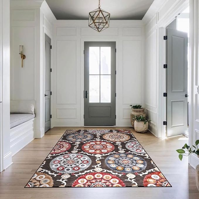 CAMILSON Indoor Outdoor Rug 10x14 Bohemian Medallion Floral Area Rugs for Indoor and Outdoor Patios Easy-Cleaning Non-Shedding Living Room Garden and Kitchen Washable Outside Carpet (10 x 14 / Brown)