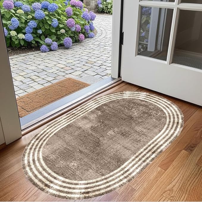 Country Earth Tone Brown Minimalist Distressed Home Office Rugs 6x9 for Living Room Bedroom Diningrooom Machine Washable Soft Thick Area Rug Nursery Dorm Kitchen Oval Geometric Bordered Large Carpet