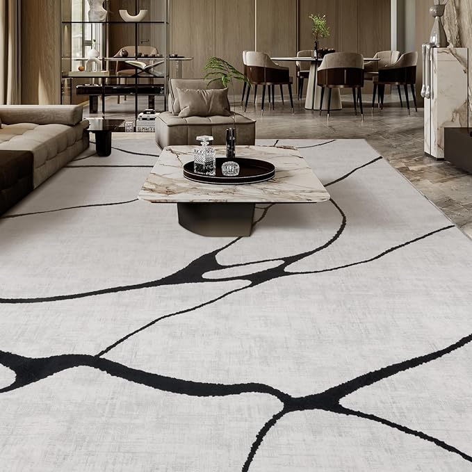 YIHOUSE Modern Washable Area Rug for Living Room Bedroom - Large Abstract Black and White Rug Non-Slip Ultra-Thin Home Decor (Warping, 9'x12')