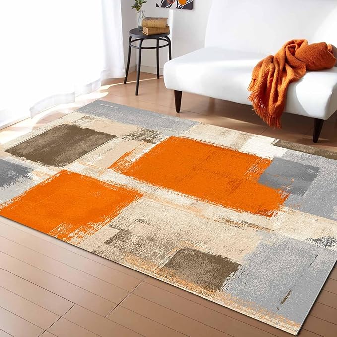 Orange Rectangular Area Rugs for Living Room Bedroom 4 x 6 ft Abstract Paint Texture Modern Art Non-Shedding Soft Low Pile Rug Non Slip Washable Rug for Nursery Entryway Playroom