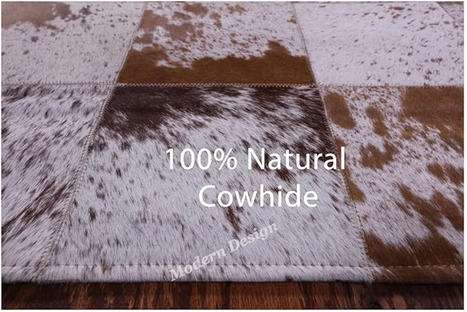 Modern Design Premium Cowhide Leather Carpet with Chevron Pattern, Area Rug (White/Brown, 8x10)