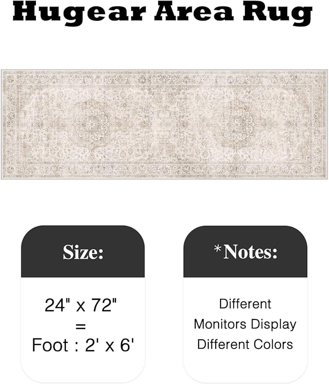 HUGEAR 2x6 Runner Rug Hallway Vintage Beige Machine Washable Neutral Floral Low Pile Carpet Vacuumable Thin Long Throw Rug Bedroom Office Bathroom Kitchen Laundry Non Slip Soft Lightweight