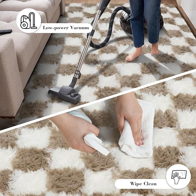 Checkered Rug for Bedroom, 3x5 Beige and White Area Rugs, Classic Checkered Carpets Shaggy Area Rug, Bedside Rugs for Living Room Bedroom Kids Room Home Decor
