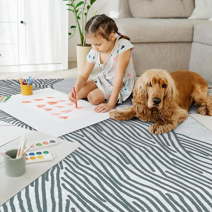 YIHOUSE Grey Rug for Living Room, 5×7 Modern Abstract Area Rug, Geometric Contemporary Wave Striped Rugs for Playroom Nursery, Washable Nonslip Large Rug for Bedroom Dining Room