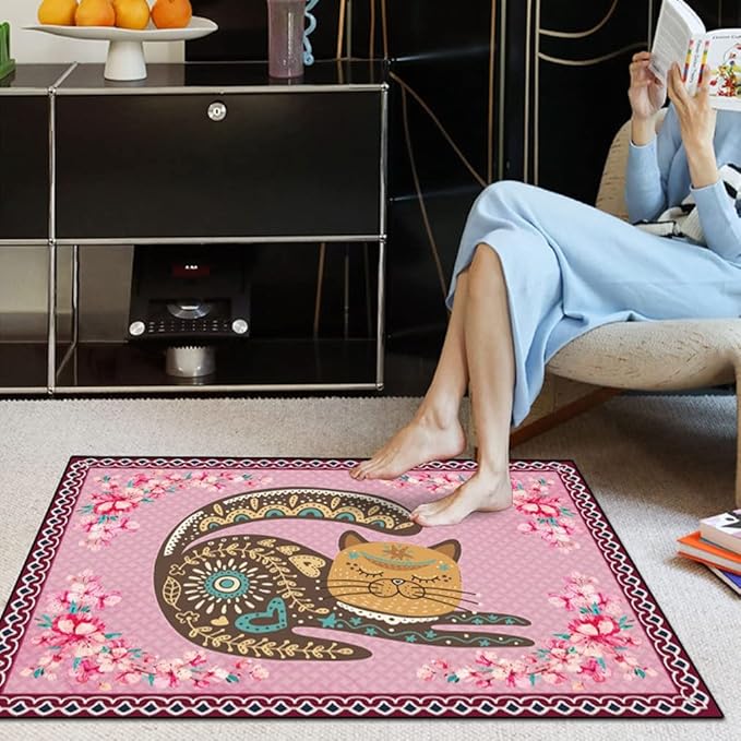 Cartoon Animal Pattern Area Rug Cute Cat Luxury Floral Decor for Carpet Farmhouse Bedroom Living Room Rugs Bathroom Kitchen Runner Mat Indoor Outdoor Non Slip Doormat 2' X 4'