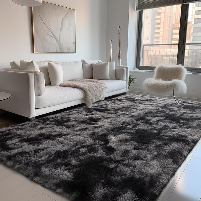 Zentavio Black and Grey Area Rugs for Living Room Large Men Room Carpet 8x10 Bedroom Fluffy Furry Shag Aesthetic Plush High Pile Floor Rug for Kids Room Dorm Home Decor Gray