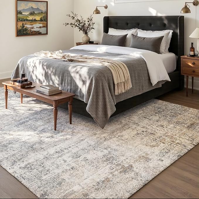 Area Rug 9x12 Washable Rug Grey and Beige for Living Room, Dining Room, Bedroom, Large Carpets, Non Slip & Non-Shedding Low Pile Vintage Print Rug for Home Office Decor