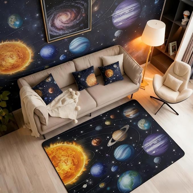 Planet Large Area Rug 5x7 Solar System Outer Space Living Room Rug | Universe Galaxy Rugs for Bedroom, Cosmic Earth Star Carpet Indoor Floor Mat
