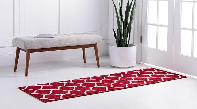 Rugs.com Lattice Frieze Collection Rug – 12 Ft Runner Red Medium-Pile Rug Perfect for Hallways, Entryways