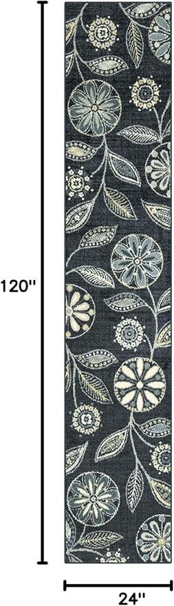 Maples Rugs Reggie Floral Runner Rug - Made in USA - Washable, Non Slip Indoor Carpet for Kitchen, Hallway, and Laundry Room, 2' x 10', Persian Blue