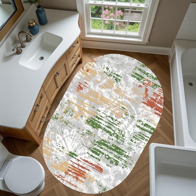 Distressed Abstract Art Aesthetic Deco Indoor Oval Rugs 8x10 for Living Room Bedroom Dining Room Soft Non Skid Easy Clean Big Carpet Nursery Dorm Farmhouse Rustic Grey Green Tie-Dye Texture Area Rug