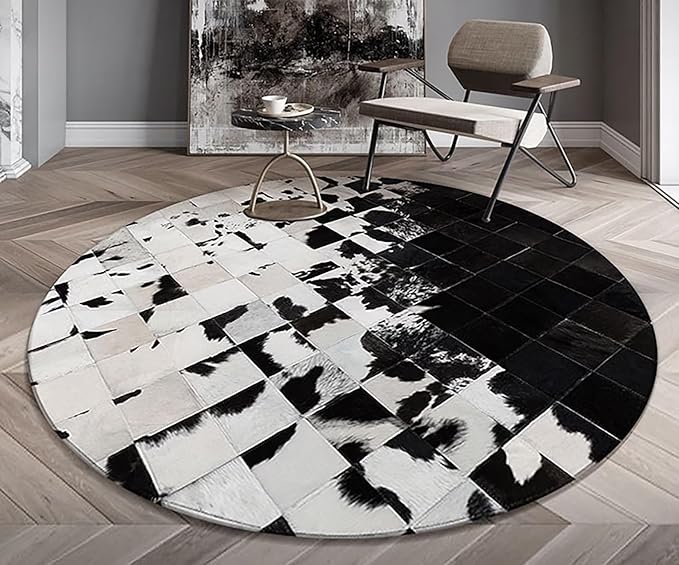 Cowhide Round Leather Rug 5x5 ft – Genuine Hair-On Hide Patchwork Area Rug for Living Room, Bedroom, Kids Playroom, Lounge & Western Home Decor
