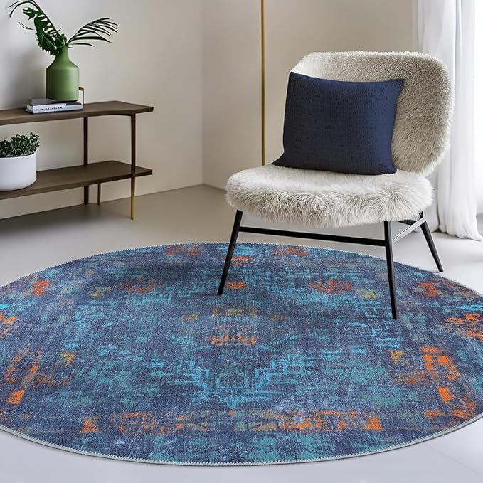 GLN Rugs Contemporary Collection - Machine Washable Area Rug, Contemporary Washable, Non Slip, Low Pile Chenille Rug, Living Room, Bedroom, Kitchen Rug (5'3" Round Midnight/Multi)