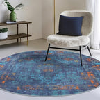 GLN Rugs Contemporary Collection - Machine Washable Area Rug, Contemporary Washable, Non Slip, Low Pile Chenille Rug, Living Room, Bedroom, Kitchen Rug (5'3" Round Midnight/Multi)