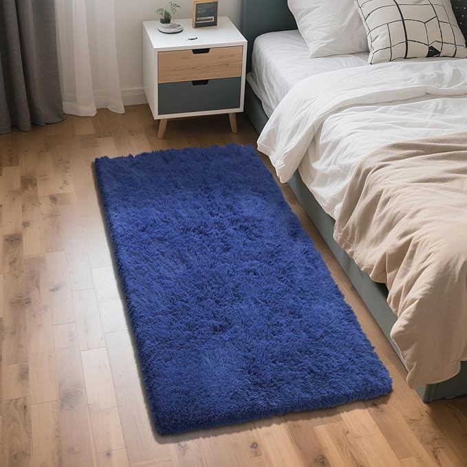Blue Fluffy Rug Shaggy Area Rug, 3x5 Area Rugs for Girls Bedroom, Soft Cute Baby Play Mat, Indoor Floor Carpet for Teen, Nursery, Preppy Dorm, Plush Aesthetic Bedside Rug