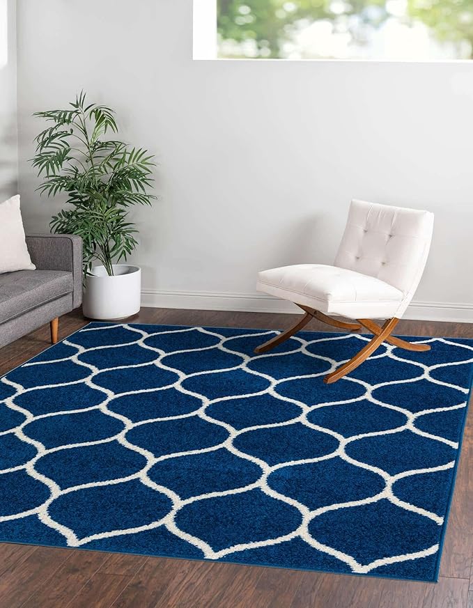 Rugs.com Lattice Frieze Collection Rug – 4' Square Navy Blue Medium Rug Perfect for Living Rooms, Kitchens, Entryways