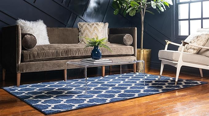 Rugs.com Lattice Collection Rug – 9' x 12' Dark Blue Medium Rug Perfect for Living Rooms, Large Dining Rooms, Open Floorplans