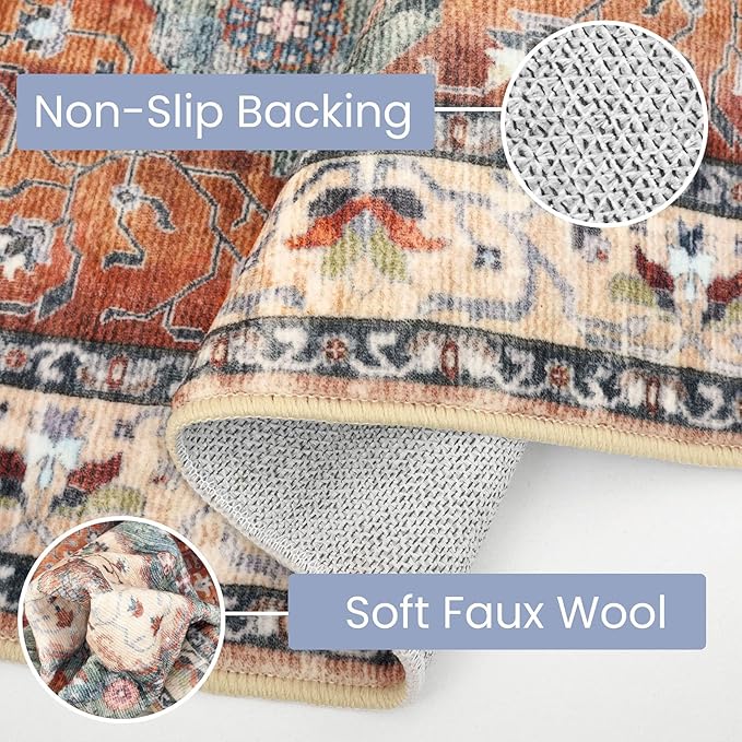 KOZYFLY Runners for Hallways 2x7 Ft Washable Kitchen Runner Rug Boho Runner Rug for Entryway Indoor Rust/Orange/Blue Printed Oriental Faux Wool Floor Carpet Runner for Bedroom Kitchen Hall