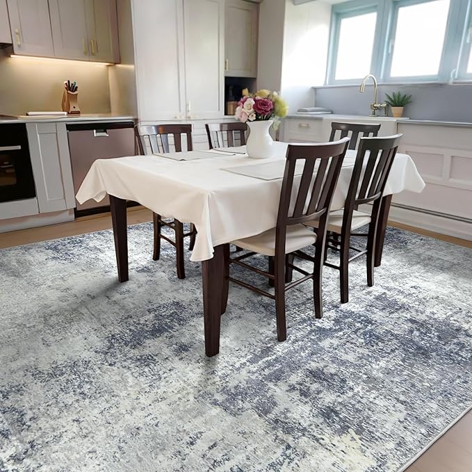 Area Rug for Living Room 10x14 - Extra Large Washable Neutral Modern Abstract Rugs, Soft Carpet with Non Slip Backing for Under Dining Room Table, Bedroom, Home, Office, Dorm - Indigo Gray