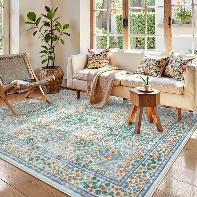 Lahome Floral Washable Area Rugs 5x7, Soft Green Rugs for Living Room Bedroom, Boho Non Slip Low Pile Forest Stain Resistance Large Throw Carpet for Farmhouse Dining Room Nursery, Green