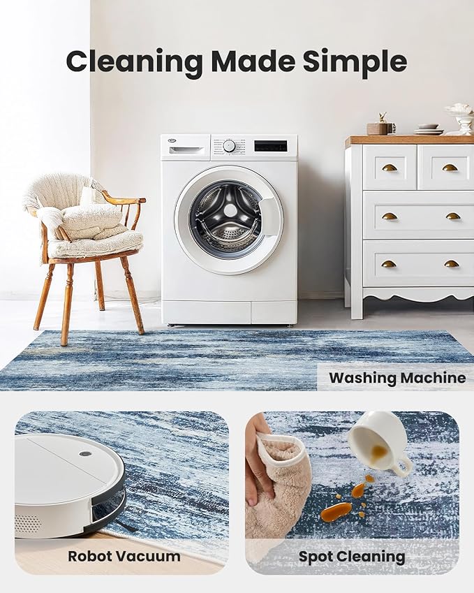 6x9 Area Rugs for Living Room, Modern Abstract Washable Rug with Non-Slip Backing & Low Pile Indoor Carpet for Nursery Room, Bedroom and Dinning Room, Blue