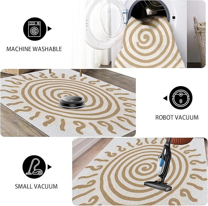 Boho Washable Rugs for Bedroom 7x9, Modern Sun Print Soft Minimalism Area Rug, Non Slip Low Pile Abstract Carpet for Classroom Living Room Decor Dining Room, Beige Yellow