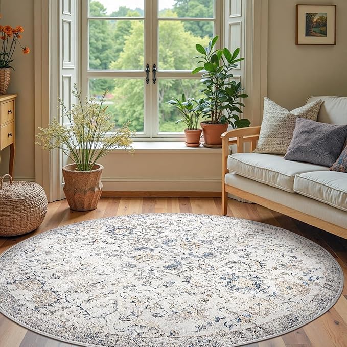 jinchan Kalen Round Rug 7ft Area Rug Washable Vintage Indoor Retro Floor Cover Distressed Floral 7' Round Circle Boho Non Slip Thin Carpet for Living Room Dining Room Bedroom Kitchen Blue
