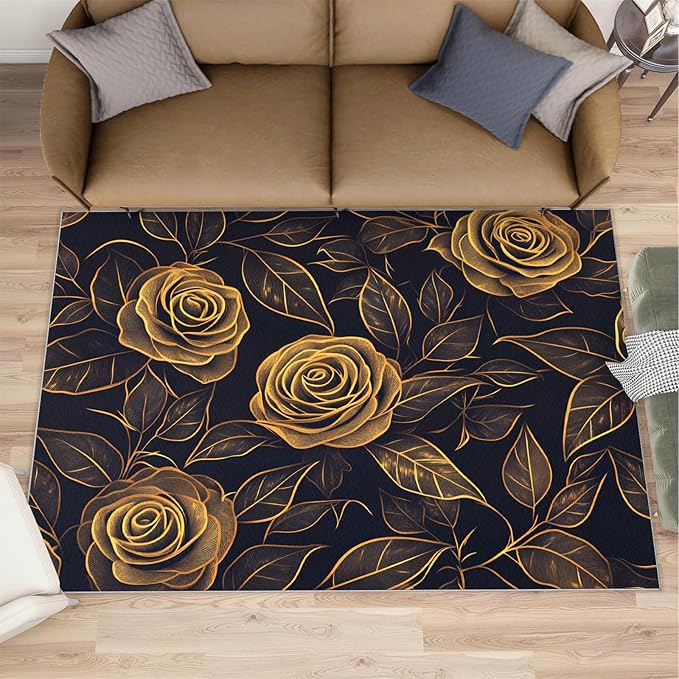 Rose Rugs for Bedroom - 4x6 Area Rug - Black Gold Flowers Rugs for Living Room, European Light Luxury Flowers Rug, Washable Home Decor Carpet