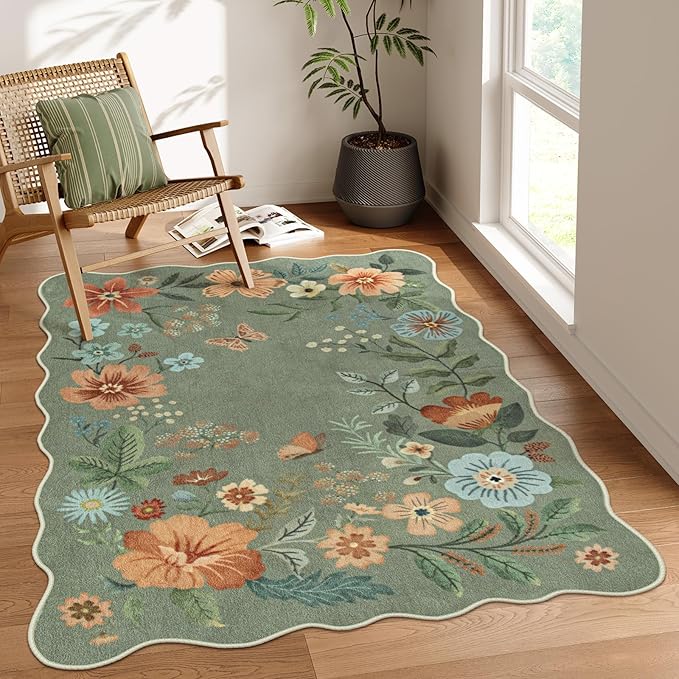 Lahome Floral Washable Rugs, 4X6 Rug for Bedroom Ultra-Thin Soft Dining Room Rug, Non-Slip Living Room Rugs Stain Resistant Boho Rug Lightweight Low-Pile Throw Rug for ‎Office (4x6ft,Green)