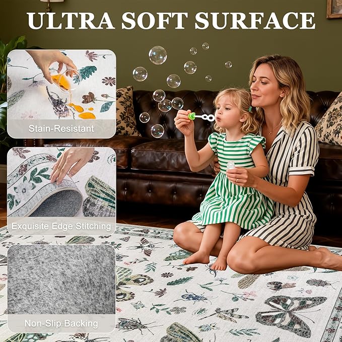 8x10 Area Rugs Living Room Rug: Vintage Washable Rug Floral Soft Carpet Indoor Floor Non-Slip Boho Stain Resistant Large Carpets for Bedroom Kids Nursery Dining Room Farmhouse Home Office Black/C02