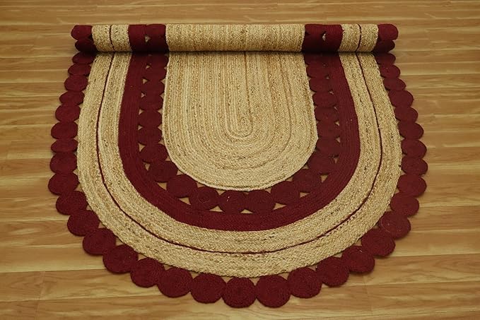 4x6 Jute Oval Rug – Handmade Boho Oval Rug, Flatweave Kilim Style, 0.27" Thick, Solid Red Beige Hand Braided Jute Carpet for Bedroom, Living Room, Dining Room