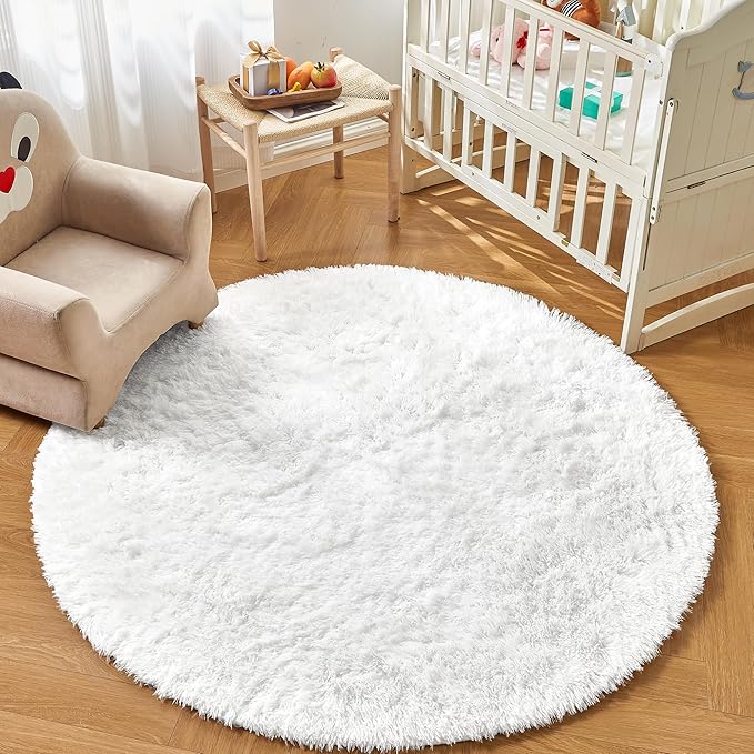 Andency White Round Area Rug for Living Room, Large Shag Circle Rug 7x7 for Bedroom, Fluffy Faux Fur Carpet for Room Home Decor, Circular Fuzzy Plush Rug for Playroom Dorm Home Decor