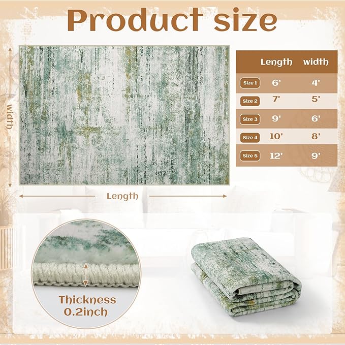 6x9 Abstract Area Rugs for Living Room, Modern Washable Indoor Rug for Bedroom, Thin Soft Large Non-Slip Carpet for Dining Room Home Office Farmhouse Decor - Abstract Army Green