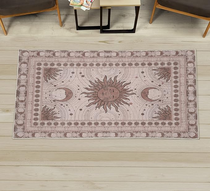 Ambesonne Sun and Moon Decorative Rug, Bohemian Artwork Design of Crescent Solar Ornament Esoteric Stars Ornament, Quality Carpet for Bedroom Dorm and Living Room, 2' 2" x 3' 7", Pale Chocolate