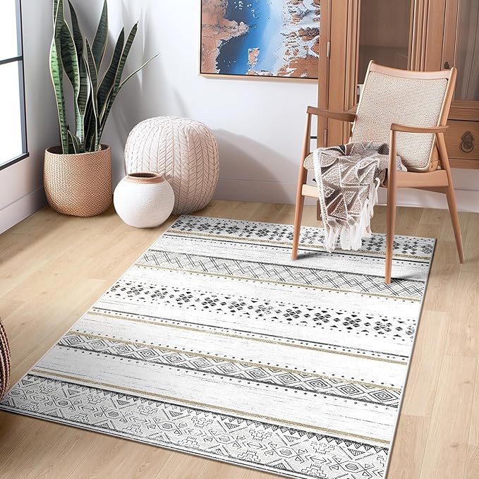 BESTSWEETIE 3x5 Area Rugs for Living Room Washable Moroccan Farmhouse Neutral Geometric Low Pile Non-Slip Soft Print Pattern Rug for Bedroom Kitchen Dining Room Entryway Black/Brown