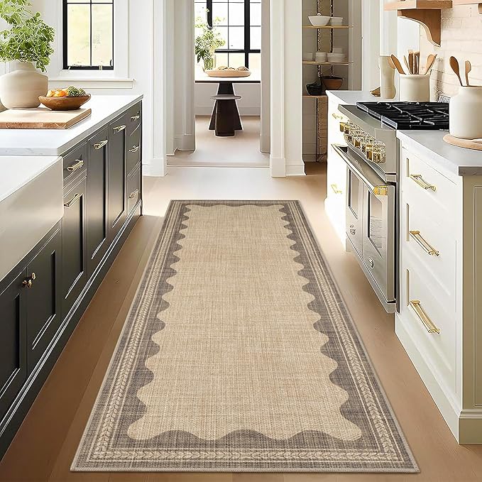 Scalloped Easy Jute Runner Rug,2x6 Kitchen Runner Rugs for Hallway Non Slip Washable Indoor Outdoor Carpet for Laundry Room Bedroom Entry 6ft