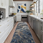 Abstract Washable Runner Rug: Modern 2x10 Hallway Runner for Kitchen Stain Resistant Non Slip - Thin Low Pile for Entryway Indoor - Blue Gold