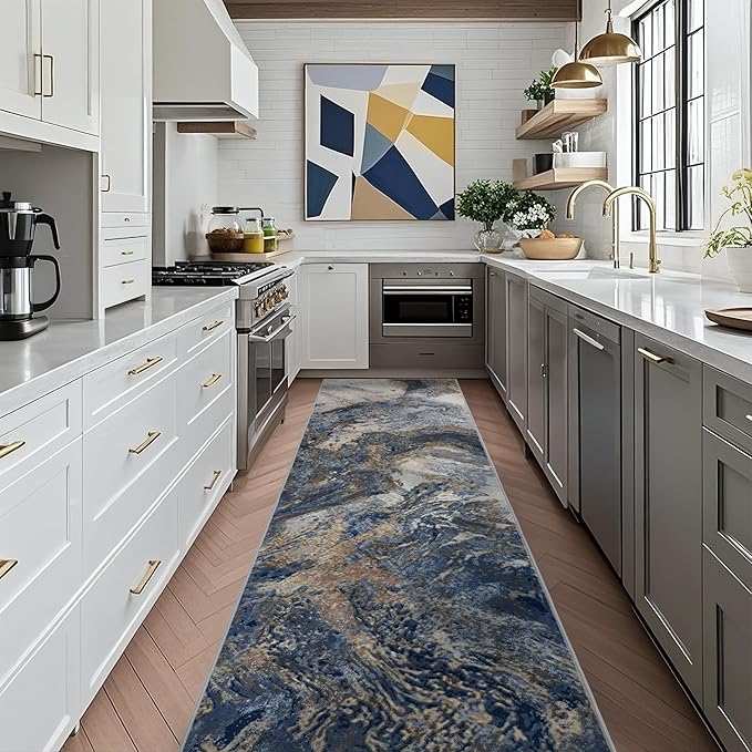 Abstract Washable Runner Rug: Modern 2x10 Hallway Runner for Kitchen Stain Resistant Non Slip - Thin Low Pile for Entryway Indoor - Blue Gold
