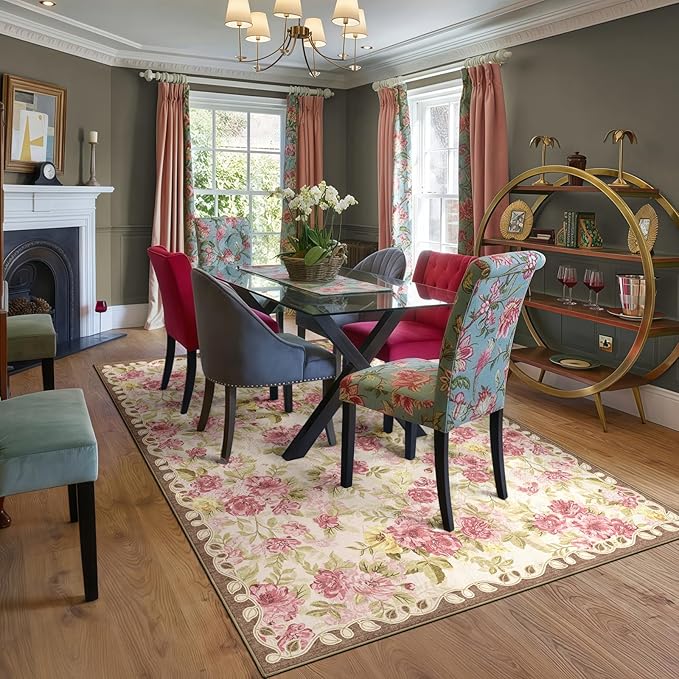 5x8 Machine Washable Area Rug for Living Room, Pink Vintage Boho Floral Rug Large Non-Slip Low Pile Soft Faux Wool Carpet, Kids and Pets Friendly for Bedroom Dining Room Farmhouse Home Decor Rug