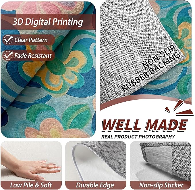 Floral Rug for Entryway Indoor - 3x4ft - Modern Artistic Flower Washable Non Slip Low Pile Small Rug for Bedroom, Floral Carpets Room Decor & Gifts