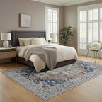 Washable Rugs 5x7 Area Rugs for Living Room, Thin Carpet for Bedroom, Soft Faux Wool Retro Dining Room Rug，Non Slip&Non-Shedding Resistant Low Pile Vintage Print Rug for Home Office (Taupe/Blue)